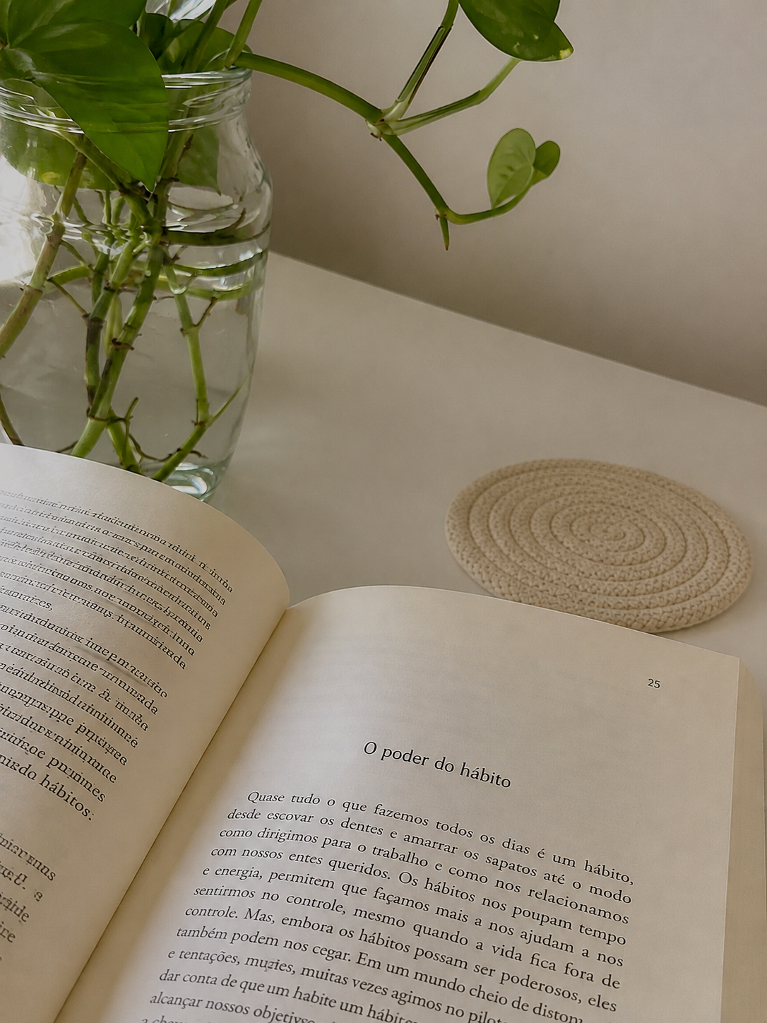Uma pessoa está lendo um livro aberto sobre "O poder do hábito", ao lado de um vaso com planta e um suporte redondo.